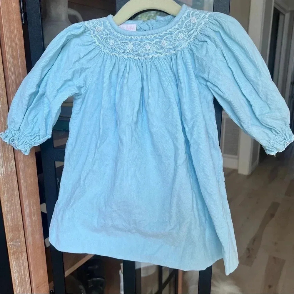 Petit bebe smocked dress corduroy baby girl long sleeve ruffles embroidered blue